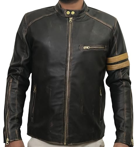 Jorde Calf Herren-Motorradjacken aus Ziegenleder, Used-Look, Braun gealtert und goldfarben gestreift, Biker-Stil, XXL