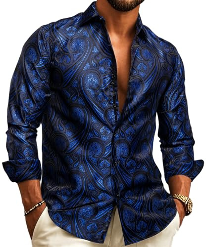 Barry.Wang Men Dress Shirts Paisley Silk Long Sleeve Button Big and Tall Down Shirt Fashion Leisure Wedding Party Prom Blue S-3XL