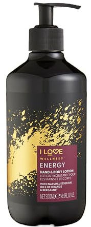 I Love Wellness ENERGY Hand & Body Lotion, Natural Essential Oils Of Orange & Bergamot, With Avocado Oil & Shea Butter, Energising Blend, Vegetarian & Vegan-Friendly - 500ml