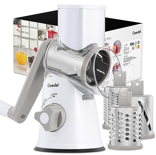 Geedel Rotary Cheese Grater, Kitchen Mandoline Vegetable Slicer with 3 Interchangeable Blades, Easy to Clean Rotary Grater Slicer for Fruit, Vegetables, Nuts