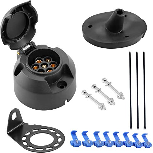 SPARKMOTO 12V Wasserdicht 7 Polig Anhänger Steckdose Set mit Kompletten Montagezubehör,inkl.Metall Steckdose Montageplatte und Wasserdichtes Gummipad,Wohnwagen PKW Auto 7polige Steckdose,AHK Steckdose