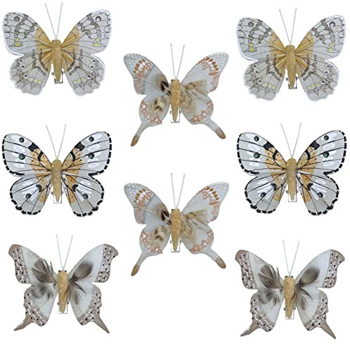 MIK funshopping Papillons décoratifs avec clip pour décoration colorée (lot de 8, gris-beige)