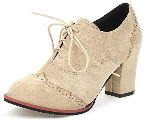 Lizoleor Mujer Clásica Cordones Tacón Ancho Casual Brogue Casual Tacón Alto Pump Retro Oxford Oficina Zapatos Albaricoque Talla 38 EU/39Cn