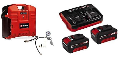 Einhell compressore TE-AC 36/8 Li OF Set-Solo Power X-Change + Originale Einhell 2x 3,0Ah & Twincharger Kit Power X-Change (18V, incl. 2 batterie 3 Ah e caricabatteria doppio)