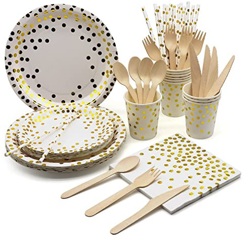 Partygeschirr Kindergeburtstag Party, Satz von 160 Pappteller Einweggeschirr Set, Pappbecher, Servietten, Strohhalme und Besteck - Weißgold