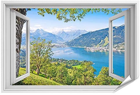 islandburner Poster XXL con vista della finestra, bellissimo paesaggio con Alpi e lago di montagna in Zell Am See Austria, effetto favoloso, stampa fotografica su carta fotografica, 130 x 90 cm