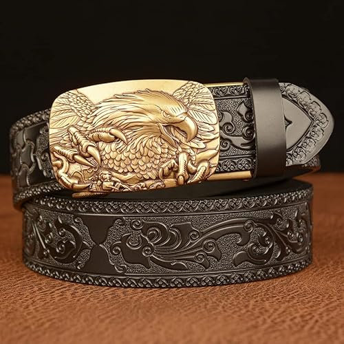 Yesbon Männer Personalisierte Kuhfell geschnitzt Gürtel Automatische Schnalle Echtes Leder Gürtel mit Adler-Muster,Schwarz,115cm/waist:33~35