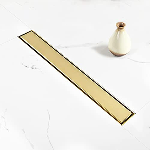 Elefloom Siphon de douche linéaire doré de 71,1 cm avec couvercle d'insert en carrelage 2 en 1, PVD AISI 304 en acier inoxydable doré, drain de douche avec attrape-cheveux et pieds réglables