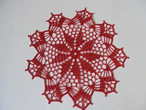Extravagant und aussergewöhnlich in Form und Farbe-Häkeldeckchen rund aus rotem/leicht glänzendem Baumwollgarn