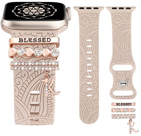 TOYOUTHS Dekorative Ring Armband kompatibel mit Apple Watch Armband Charme 41/40/38/42mm, Damen Glitzer Boho Gravierte Silikon Ersatzarmbänder für iWatch Serie 10/9/8/7/SE/6/5/4/3, Polarstern/K