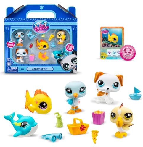 Littlest Pet Shop BANDAI Collectors 5er-Pack Strand-Besteis, das Paket enthält 5 LPS Mini Haustierspielzeug 7 Zubehör 1 Sammelkarte und 1 virtueller Code, Sammlerspielzeug für Mädchen und Jungen