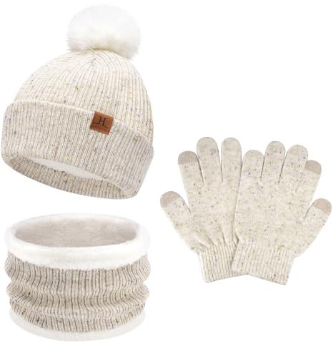 Enfants Bébés Hiver Bonnet Gants Tactiles Écharpe Ensemble Bonnet Pompon Moufles Cache-Cou avec Doublure Polaire pour 5-8 Ans Fille Garçon