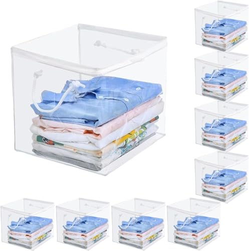 10 Pack Clear Zippered Storage Bags with Handles, PVC Storage Cube with Two-way Zipper, Foldable Closet Organizer Bed Sheet Organizer, Plastic Moving Bag Bin for Clothes, Towel, Sweater