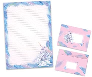 Briefpapier-Set Einhorn Schreibblock liniert mit Umschlag für Mädchen Kinder Schule Pferd rosa blau (1 Block A4 mit 25 Blättern + 15 passend bedruckte Briefumschläge)