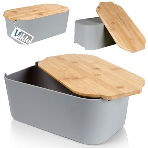 Vilde Bread Bin with Wooden Board Bread Basket Bread Bin Grey 33 x 18.5 x 12 cm