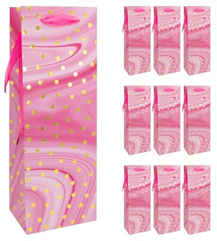 Idena 30379-10 - Flaschentaschen Dot, 10 Stück, Geschenktüten in der Größe 12 x 9 x 35 cm, Papiertüten in Pink mit goldenen Punkten