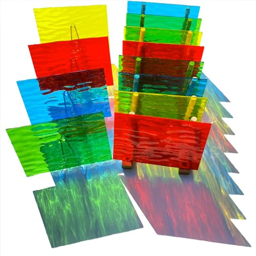 PALJOLLY 12 Bögen durchscheinende Buntglasscheiben für Kathedralenkunst, 15,2 x 10,2 cm, Buntglaszubehör für Anfänger, Regenbogenfarben, Glas-Mosaikfliesen zum Basteln