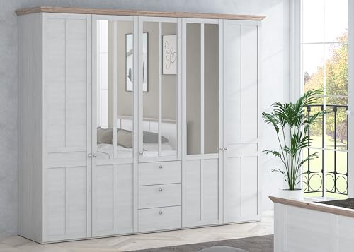 FORTE ILOPPA Schrank 250 260, Kleiderschrank Lnadhausstil, Drehtürenschrank groß, 5-türig mit 3 Schubladen, Holzdekor: Schnee Eiche/Nelson Eiche, 254 cm breit x 217 cm hoch x 62 cm tief
