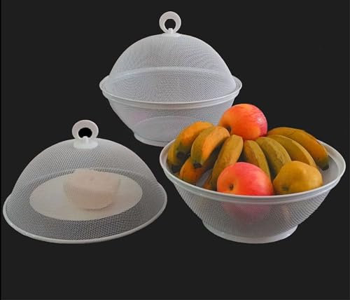 Canasta de Frutas, cuenco de Fruteros Multifuncional para Estante con tapa Prueba de Polvo Fuerte Reutilizable Placa antimoscas Cubiertas para Servir Protección de (Conjunto 2)blanco