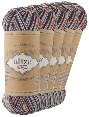 5 x 100g Sockenwolle Alize Superwash Artisan 75% Wolle Strickwolle Häkelgarn Farbwahl, Farbe:9013 Gentleman