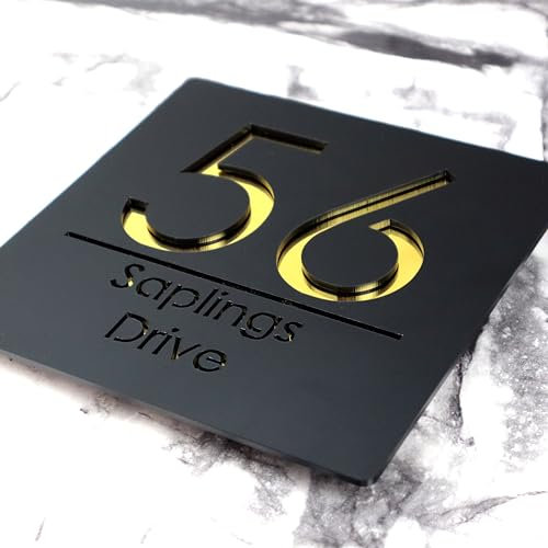K Smart Sign | Bellissima S1 F31 | 180mm x 180mm | Acrylic 3d Laser Cut Contemporary house sign door number plaque address signs with Mirror and Marble Numbers (Matt Black & Gold Mirror)