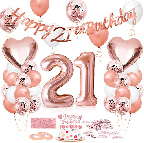 Luftballon 21. Geburtstag Roségold - Deko Set Mit Riesen Folienballon Zahl 21, Happy Birthday Ballon - Dekoration für Frauen