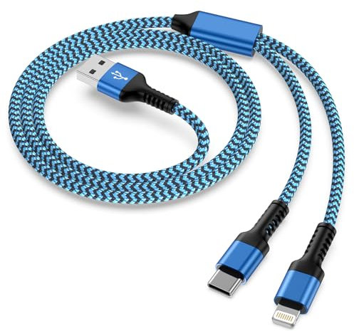 2 in 1 Multi Charger Cable with Type C & Lightning Port, [4ft] Nylon Braided Long USB Multi Phone Charger for iPhone 16 15 14 13 12 11 8 7 6, Android Samsung Galaxy, Huawei, Google,Sony
