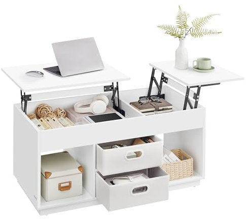 VASAGLE Couchtisch, höhenverstellbarer Wohnzimmertisch, 2 Schubladen und versteckte Fächer, Kaffeetisch, offene Fächer, für Wohnzimmer, Homeoffice, schneeweiß LCT210W01