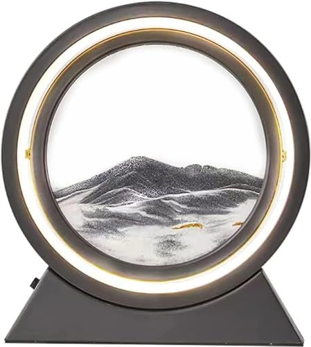 UTTXR Lampe De Peinture Au Sable Qui Goutte À Goutte Cadre De Sable Mobile Dynamique Art Du Sable Rond En Verre Sablier 3D Rotatif À 360° 3 Modes D'éclairage Piles Ou USB 10in 4.18 (Color : Noir)