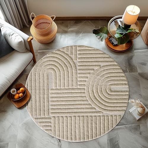 HomebyHome Kurzflor Teppich Wohnzimmer 80 cm Rund Beige Hoch-Tief 3D Effekt Teppich Waschbar, Flauschig und Extra Weich - Skandinavisch Boho Muster Teppich für Schlafzimmer, Esszimmer und Küche