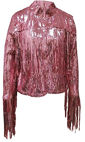 Himllauen Women Casual Sequin Long Sleeve Jackets Solid Colour Open Blazers with Tassels Sexy Clubwear for for Party Night Out Clubs for Summer Autumn (Red Pink, L)