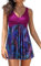 SHEKINI Women's Swimdress One Piece V Neck Swimming Costume Splice Printed Mesh Soft Cup Padded Elegant Bathing Suit Tummy Control with Boyshort, Fuchsia Leaf, Large