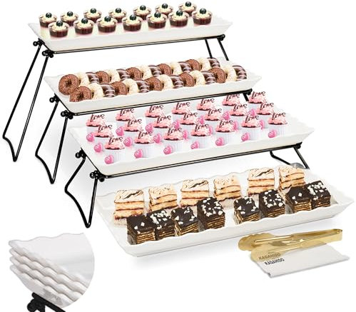 KAQAHIDO Extra Large 4-Tier Serving Tray Set, 34x22x10 inch Wave Edge Melamine Dessert Table Display Set, Tiered Tray Stand for Party Buffet Entertaining, Black and White
