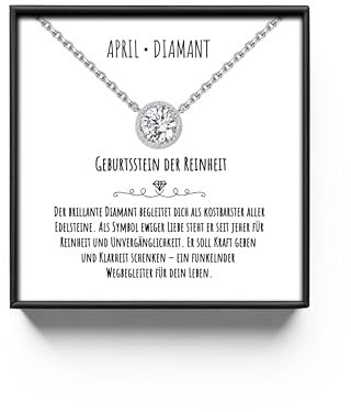BYLITZ Personalisierte Geburtsstein Kette mit Anhänger und Karte Herz Halskette Schmuck Geschenke für Damen Frauen Tochter Enkelin (04-Apr-Diamant)