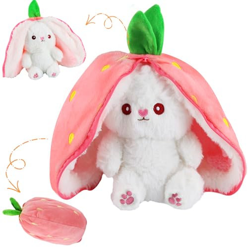 ZoneYan Jouet Lapin Muppet, Peluche Lapin Fraise 25 cm, Cache-Cache Lapin de Pâques en Peluche, Lapin Oreiller en Peluche, Poupée Lapin en Peluche, Lapin Mignon en Peluche de Pâques (Rose)