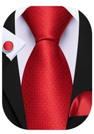 Barry.Wang Red Tie Mens Silk Necktie Handkerchief Cufflinks Set Wedding Party Formal