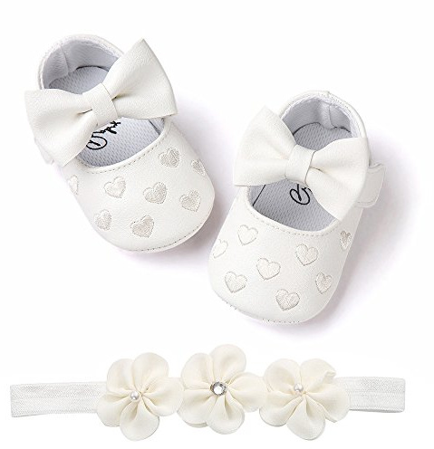 Scarpe da battesimo per bambine e bambine, 2 pezzi, con fascia per neonati, con fiori, antiscivolo, morbide, occasioni speciali, battesimi, laccate, scarpe da bambina