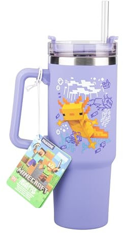 Paladone Minecraft-Thermobecher mit Strohhalm, Motiv: Axolotl, 900 ml, lila, offiziell lizenzierter Quencher-Reisebecher mit Griff, für Eistee oder Kaffee, Gaming-Fanartikel