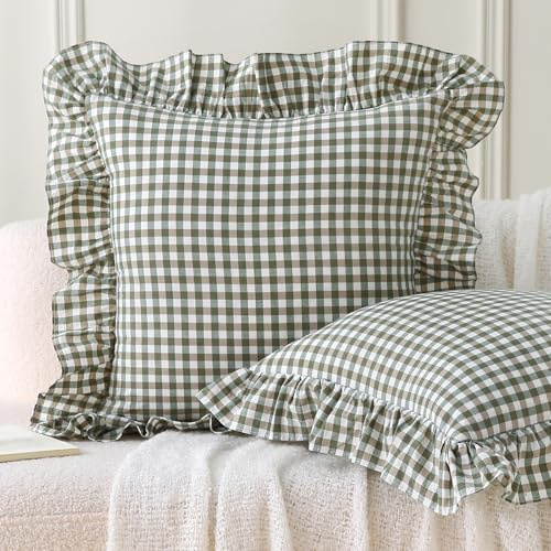 Aryeleay 2 x grün-weiße Karierte Gingham-Kissenbezüge, Standardgröße 50,8 x 50,8 cm, 100% Gewaschene Baumwolle, kariert, Bauernhaus-Kissenbezüge für Bett/Sofa (50,8 x 50,8 cm, grün/weißes Karomuster)