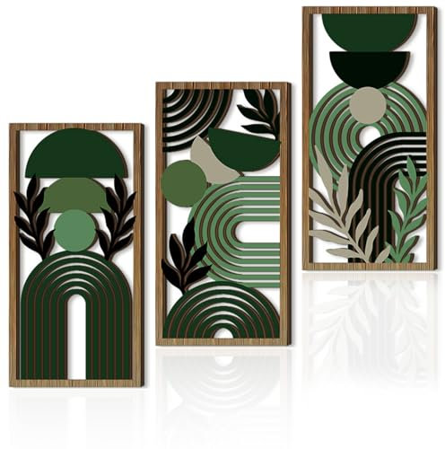 Leseogye Abstract Wall Art, Boho Wall Art Set of 3, Green Geometric Wood Wall Decor Framed, Geometric Aesthetic Botanical Artwork, Green Room Decor for Bedroom Living Room Office