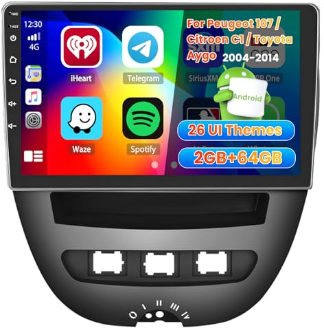 Roinvou 2+64G Schermo Radio per Peugeot 107/Citroen C1/Toyota Aygo 2004-2014 Wireless CarPlay Android Auto, Android Autoradio 9'' Stereo Auto con WiFi GPS Bluetooth EQ FM/RDS SWC Telecamera Posteriore