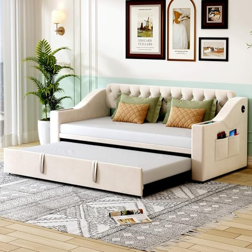 HYUB Polsterbett Schlafsofa 90x190 cm mit Ausziehbett, Tagesbett mit Stauraum und Lattenrost, Bettgestell mit Rückenlehne, Bett für Schlafzimmer und Gästezimmer, Samtstoff, Beige