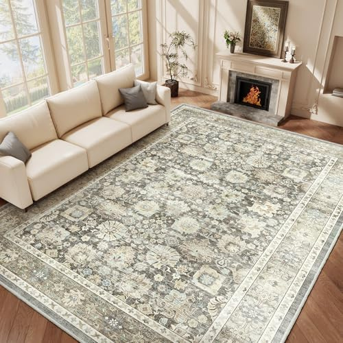 HOMFINE Teppich Wohnzimmer 300x400cm Vintage Waschbar Grau | Großer Waschbarer Kurzflor Teppich mit Blumenmuster, Rutschfest, Weich und ideal für Wohnzimmer, Schlafzimmer und Esszimmer