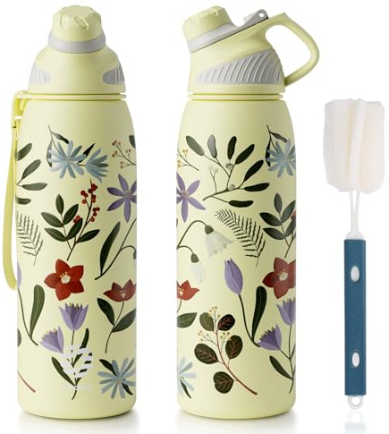 Fjbottle Borraccia Termica 1L con Tappo Magnetico - Design Floreale | Senza BPA, senza perdite, spazzola inclusa, ideale per palestra, lavoro e trekking