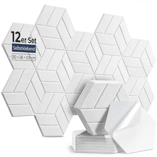 AUSLET 12 Stück Hexagon Akustikplatten Selbstklebend, 30 x 26 x 0,9 cm Hohe Dichte schallabsorber wand, Schallschutzplatten für Studio, Büro, Akustische Behandlung und Gaming deko, Weiß
