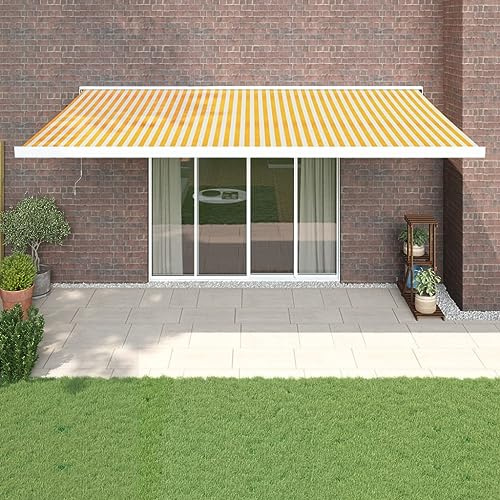 Toldo retráctil amarillo y blanco, 5 x 3 m, tejido y aluminio para patio, marco resistente y tejido con revestimiento de poliuretano antirreflectante, sombrilla de pared motorizada
