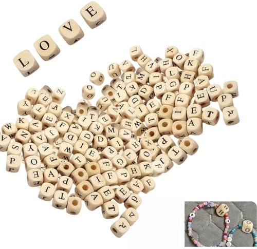Holzbuchstaben Perlen,100 Stück Holzperlen Buchstaben 10mm zum Auffädeln,Holzperlen Set mit Buchstaben