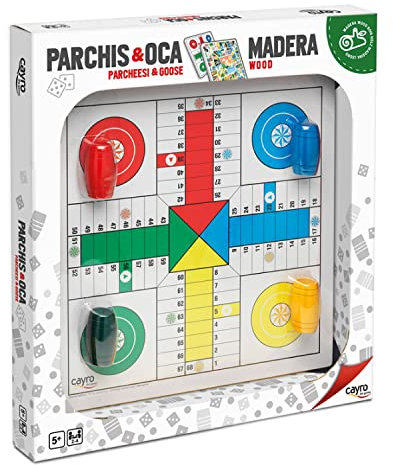 Cayro - Parchís y Oca - + 5 Años - Piezas de Madera - Doble Juego Clásico de Mesa - Niños y Adultos - 4 Cubiletes, 16 Fichas y 4 Dados - 2 a 4 Jugadores