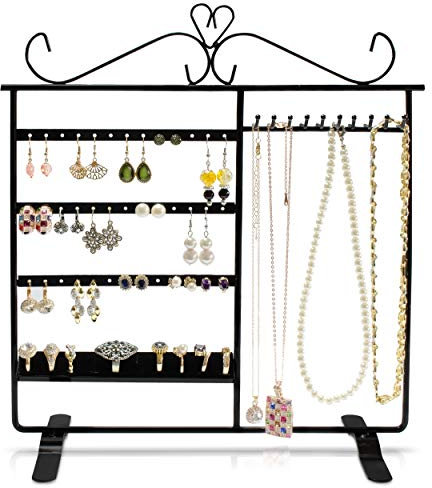 LAUBLUST Schmuckständer für Ohrringe, Ketten & Ringe - ca. 33x31x10cm, Schwarz - Dekorativer Metall Schmuck-Halter 4 Etagen, Haken & Ringfach | Schmuck-Aufbewahrung | Ohrring-Ständer | Kettenhalter
