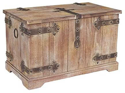 Household Essentials Decorative Trunk, Victorian, Large, Chinese Fir Wood, Aged-Wood Finish with Metal Accents, Fully Opening Lid, Stout Design, Ring Handles